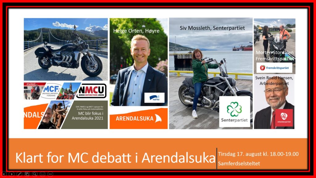 Arendalsuka: Debatt om motorsykkelpolitikk etter Stortingsvalget: Tirsdag 17. august kl. 18.00 – 19.00.